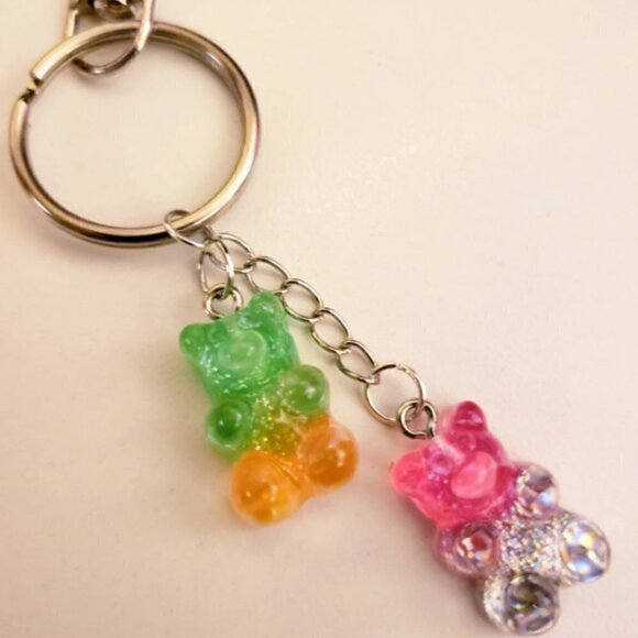 Handmade Green Orange Pink Silver Ombre Glitter Gummy Bear Keychain - Picture 1 of 7